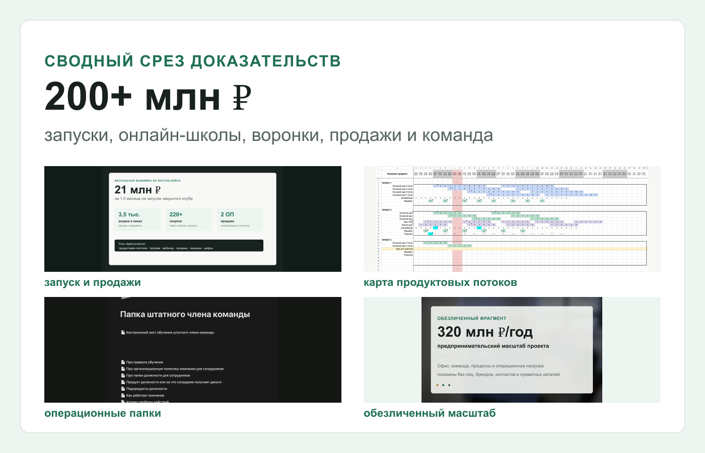 Сводный визуальный срез доказательств по онлайн-проектам: запуск, продуктовая карта, операционные папки и обезличенный предпринимательский масштаб
